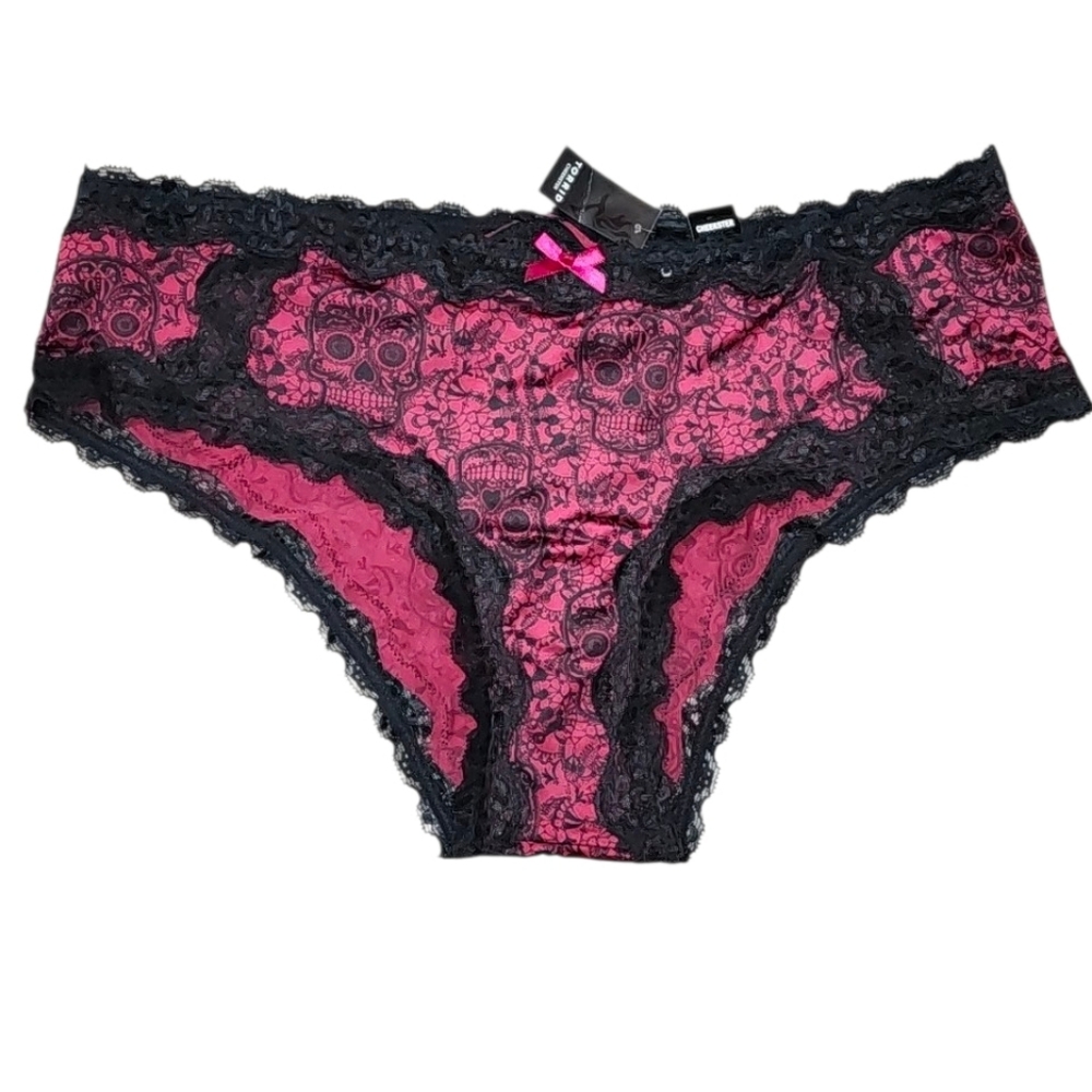 Torrid Satin Cheekster Burgendy & Black Skull Lace Trim Panties New with Tags - Picture 4 of 11
